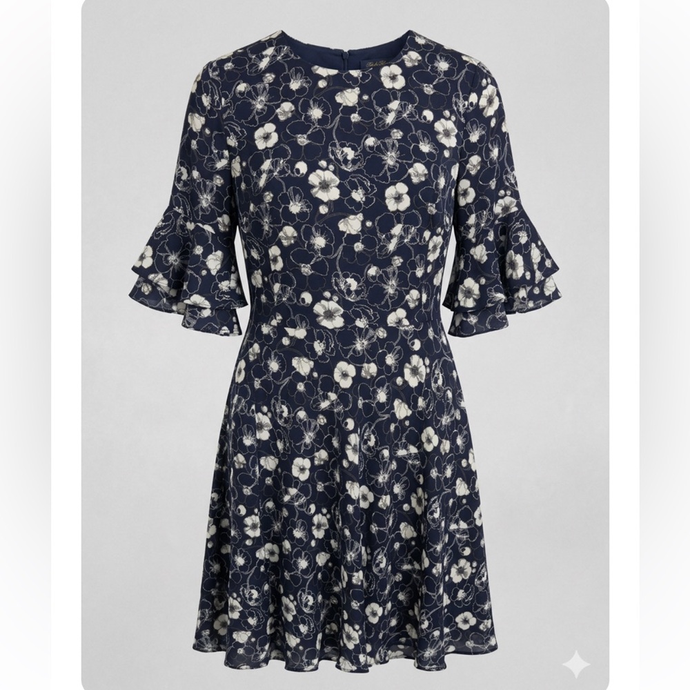 Brooks Brothers Navy Floral Ruffle Sleeve Dress